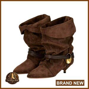 Slouchy Ankle Boots Pointed Toe Kitten Heel Boho Suede Fold Over Wide Calf